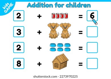 Math game for children. Addition exercise. Count and write down the numbers. Page of activity book for kids. Preschool and school education. Cartoon dog and pet accessories. Vector illustration.