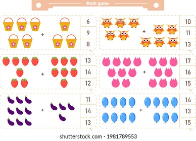 Juego de matemáticas para niños. Adición. La puntuación es de 1 a 20. Buscar la respuesta correcta