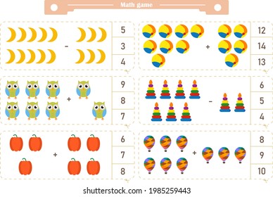 Math game for children. Addition and subtraction. The score is 1-20. Find the correct answer