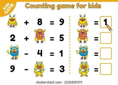 Math game for children. Addition and subtraction. Educational activity for preschool and school children. Cartoon monsters. Vector illustration.
