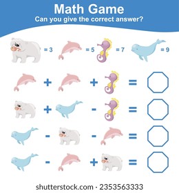Math game for children additional with sea life theme. Count and write the correct answer. Printable math worksheet. Vector illustration file.