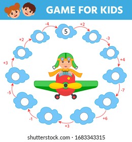 Math Game for children. Airplane in the clouds. Learning counting, addition.  Education developing worksheet. Vector illustration