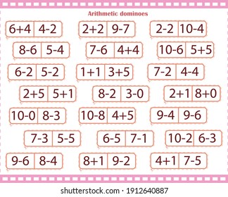 Math game for children. Arithmetic dominoes. Number and count to 10. Solve the examples and find the card with the same answer.