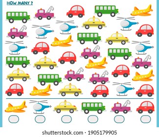 Math game for children. Calculate the transport. Worksheet. Fixing an account