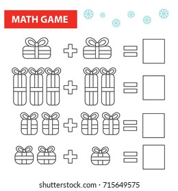Math game for children with Christmas gifts. Coloring page. Vector illustration.