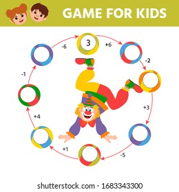 Math Game for children. Clown. Learning counting, addition.  Education developing worksheet. Vector illustration