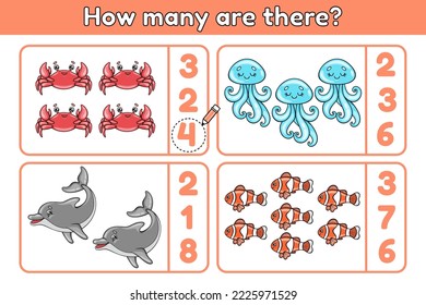 Mathe-Spiel für Kinder. Zähle Karikaturen von Meerestieren und wähle die richtige Antwort. Lehrblatt für Kinder. Vektorgrafik.