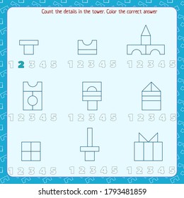 juego de matemáticas para niños. contar cuántas partes hay en cada torre. colorear la respuesta correcta