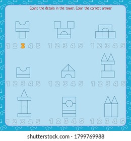  math game for children. count how many parts are in each tower. color the correct answer