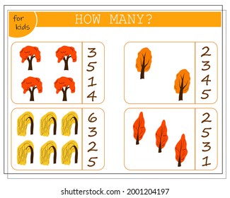 Mathe-Spiel für Kinder, zähle wie viele Herbstbäume. Vektorgrafik einzeln auf weißem Hintergrund.