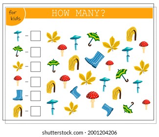 Math game for children, count how many umbrellas, mushrooms, leaves, boots, trees. Vector isolated on a white background.