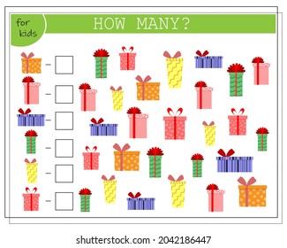 A math game for children, count how many of them there are. Gift boxes. vector isolated on a white background.