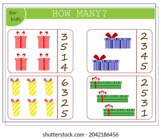 A math game for children, count how many of them there are. Gift boxes. vector isolated on a white background.