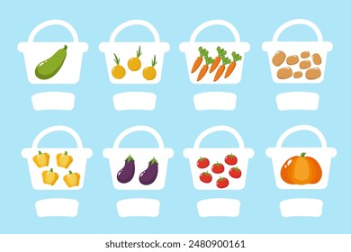 Math game for children. Count how many vegetables are in the basket. Count the quantity. Puzzle, educational game for children. Educational cards for children.