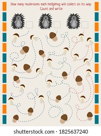 math game for children. Count and write down how many mushrooms each hedgehog collected on its way