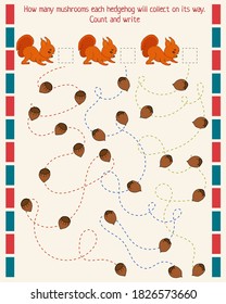 math game for children. Count and write down how many nuts each protein harvested along the way