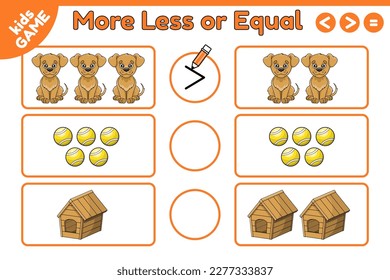 Math game for children. Count and write the sign More, less or equal. Page of activity book for kids. Worksheet for preschool and school education. Cartoon dog, kennel and ball. Vector illustration.