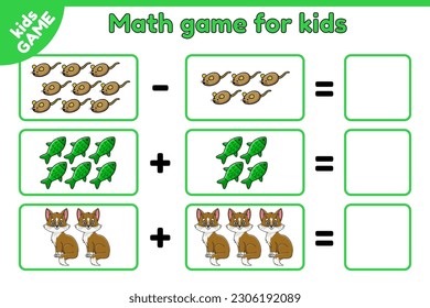 Math game for children. Count and write the answer. Educational worksheet for preschool and school education. Activity book for kids. Cartoon kittens and cat toys. Isolated vector illustration.