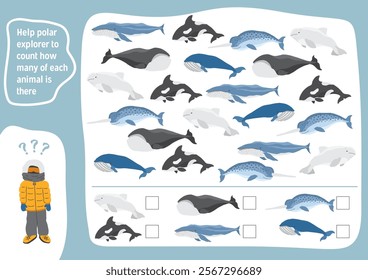 Math game for children with cute cartoon polar sea animals, Logical activities for kids, Count the number of animals. Vector illustration.