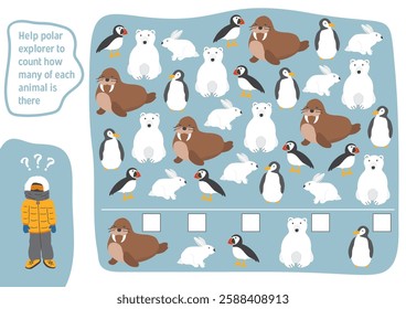 Math game for children with cute cartoon polar animals, Logical activities for kids, Count the number of animals. Vector illustration.