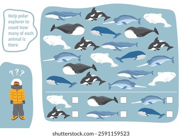 Math game for children with cute cartoon polar sea animals, Logical activities for kids, Count the number of animals. Vector illustration.
