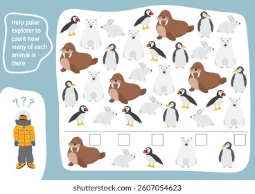 Math game for children with cute cartoon polar animals, Logical activities for kids, Count the number of animals. Vector illustration.