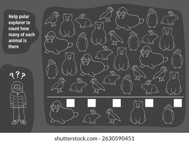 Math game for children with cute cartoon polar animals, Logical activities for kids, Count the number of animals. Vector illustration.