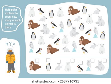 Math game for children with cute cartoon polar animals, Logical activities for kids, Count the number of animals. Vector illustration.