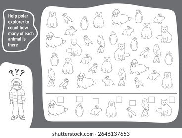 Jogo de matemática para crianças com desenhos animados bonitos animais polares, Atividades lógicas para crianças, Contar o número de animais. Ilustração vetorial.