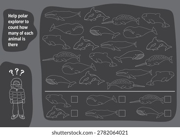 Math game for children with cute cartoon polar sea animals, Logical activities for kids, Count the number of animals. Vector illustration.