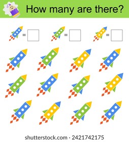 Math game for children. Developing numeracy skills. Cartoon rocket. 