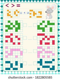  Math game for children. Development of logic. Count how many filled cubes and compare two numbers: greater, less or equal