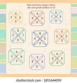 Math game for children. Development of oral counting skills. Find and trace shapes where the sum of all numbers is 15