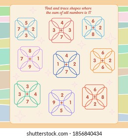 Math game for children. Development of oral counting skills. Find and trace shapes where the sum of all numbers is 17