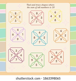 Math game for children. Development of oral counting skills. Find and trace shapes where the sum of all numbers is 20