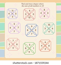 Math game for children. Development of oral counting skills. Find and trace shapes where the sum of all numbers is 23