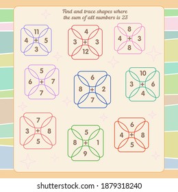 Math game for children. Development of oral counting skills. Find and trace shapes where the sum of all numbers is 23