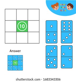 Math Game for children. Dominoes. Learning counting, addition.  Education developing worksheet. Vector illustration