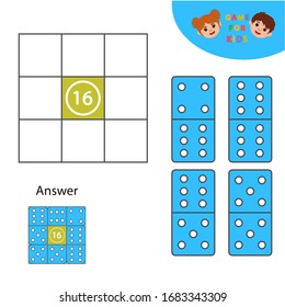 Math Game for children. Dominoes. Learning counting, addition.  Education developing worksheet. Vector illustration