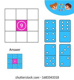 Mathe Game für Kinder. Dominosteine. Lernzählen, Addition.  Arbeitsblatt für die Erziehung. Vektorillustration