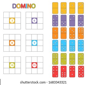 Math Game for children. Dominoes. Learning counting, addition.  Education developing worksheet. Vector illustration