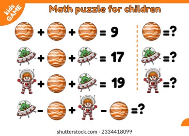 Juego de matemáticas para niños. Rompecabezas educativo para escolares. Ejercicio matemático para aprender álgebra. Planeta de dibujos animados Júpiter, chica extraterrestre y astronauta. Ilustración vectorial sobre el tema espacial.