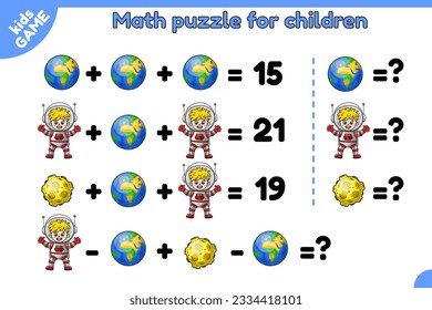 Math game for children. Educational puzzle for preschool and school kids. Counting task for learning algebra. Cartoon planet Earth, Moon and cute astronaut boy. Vector illustrations on space theme.