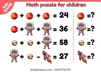 Math game for children. Educational puzzle for preschool and school kids. Calculate and write down answer. Counting task with cartoon boy astronaut, spacecraft, planets Mars, Pluto in space. Vector.