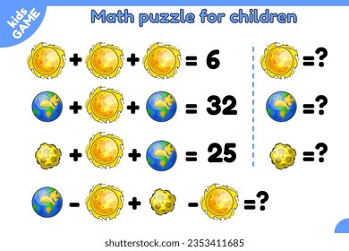 Juego de matemáticas para niños. Rompecabezas educativo para escolares. Tarea de contar para aprender álgebra. Planetas de dibujos animados del sistema solar. La Tierra, la Luna y la estrella del Sol. Hoja de cálculo de vectores sobre el tema espacial.