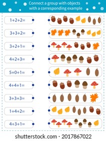 Math game for children. Find the corresponding picture for each example.