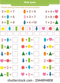 Math game for children. Find the meaning of each shape, and solve examples