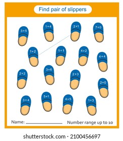 Math game for children. Find a pair of slippers by addition. Preschool worksheet activity. 