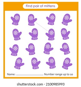 Math game for children. Find a pair of mittens by addition. Preschool worksheet activity. 