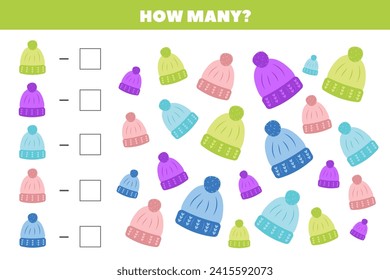 Math game for children. How many hats are there in the picture. Count the number of hats. Puzzle, educational game for children. Set of multi-colored hats.